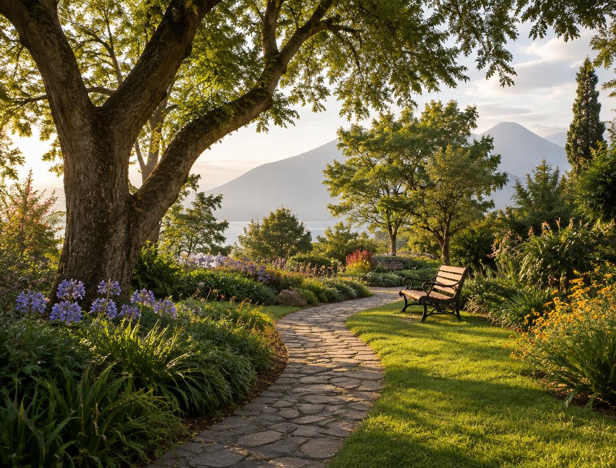 Sendero de jardín con flores y una banca