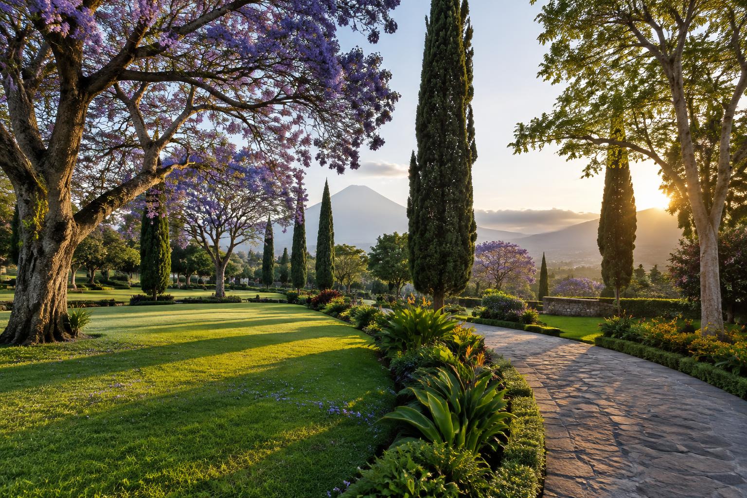 Jardín iluminado por el amanecer en un paisaje de Guatemala