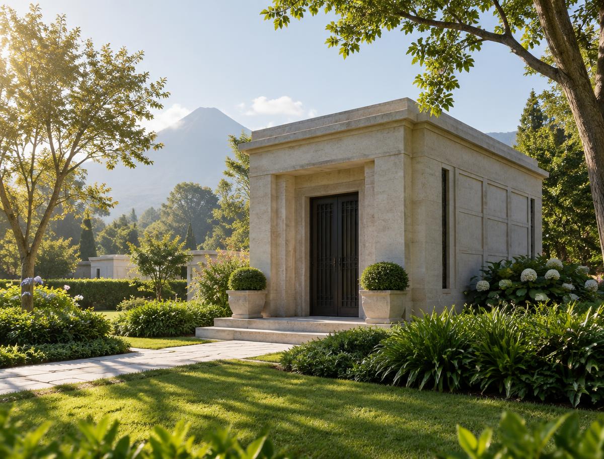 Mausoleo familiar de piedra rodeado de jardines